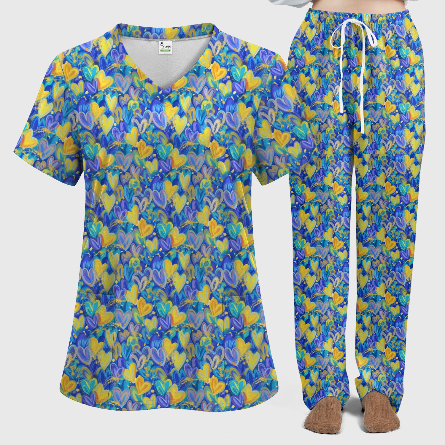 Blue and Yellow Layered Heart Pattern Print Scrub Set, Scrub Pants and V Neck Top