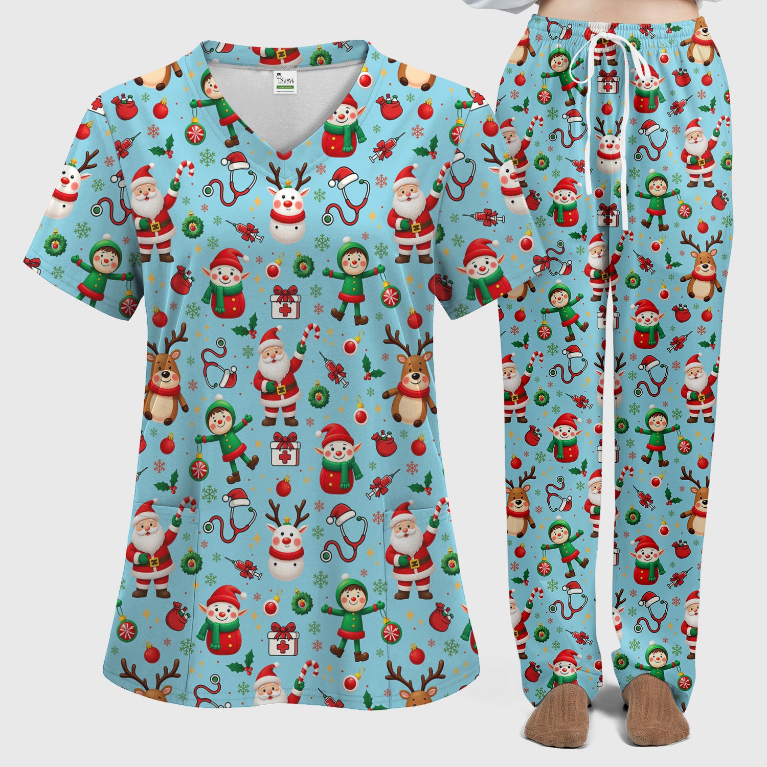 Santa Christmas Scrub Set - Cute Reindeer Scrubs Pants and V Neck Top - Festive Holiday Med Uniform for Women