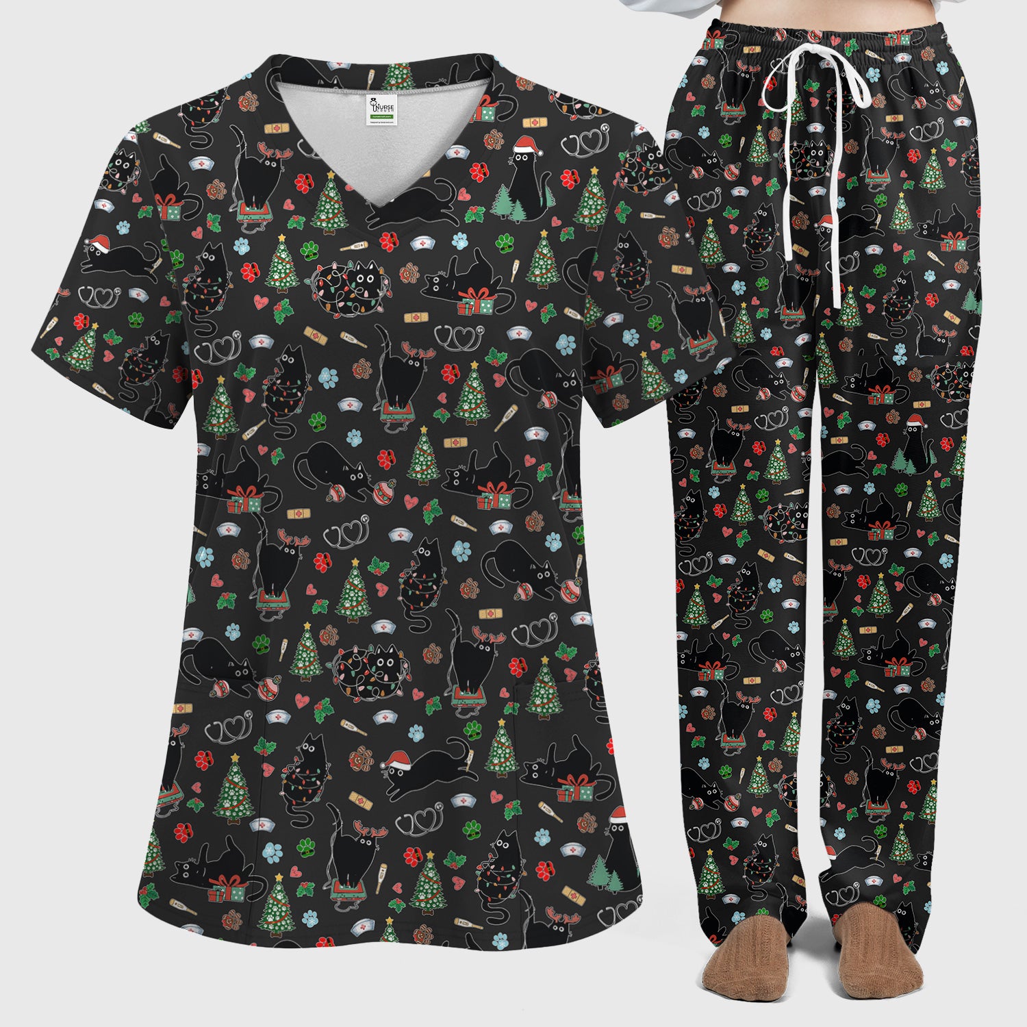 Black Cat Christmas Nurse Scrub Set, Festive Kitty Medical Uniform for Women