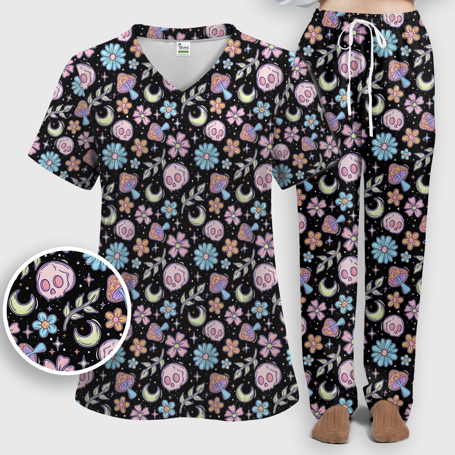 Neon Skull Mushroom Floral Scrub Set, Colorful Gothic Scrub Pants and V Neck Top