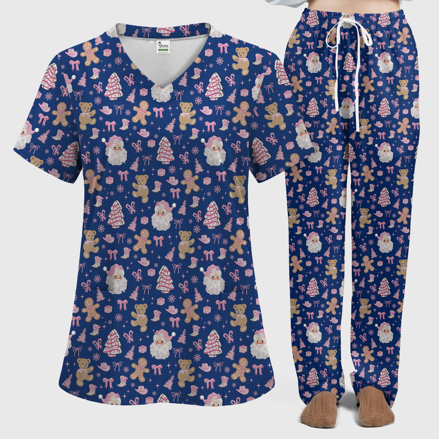 Pink Christmas Santa Gingerbread Scrub Set, Cute Holiday Medical Pattern Shirt, Breathable Fabrics Nursing Uniform