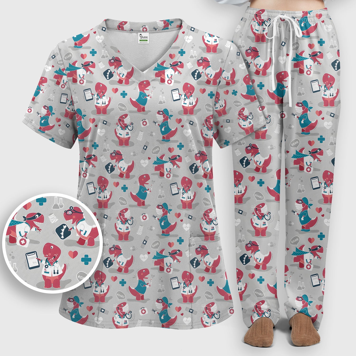 Cute Dinosaur Doctor Medical Pattern Scrub Set, Women's Scrub Sets