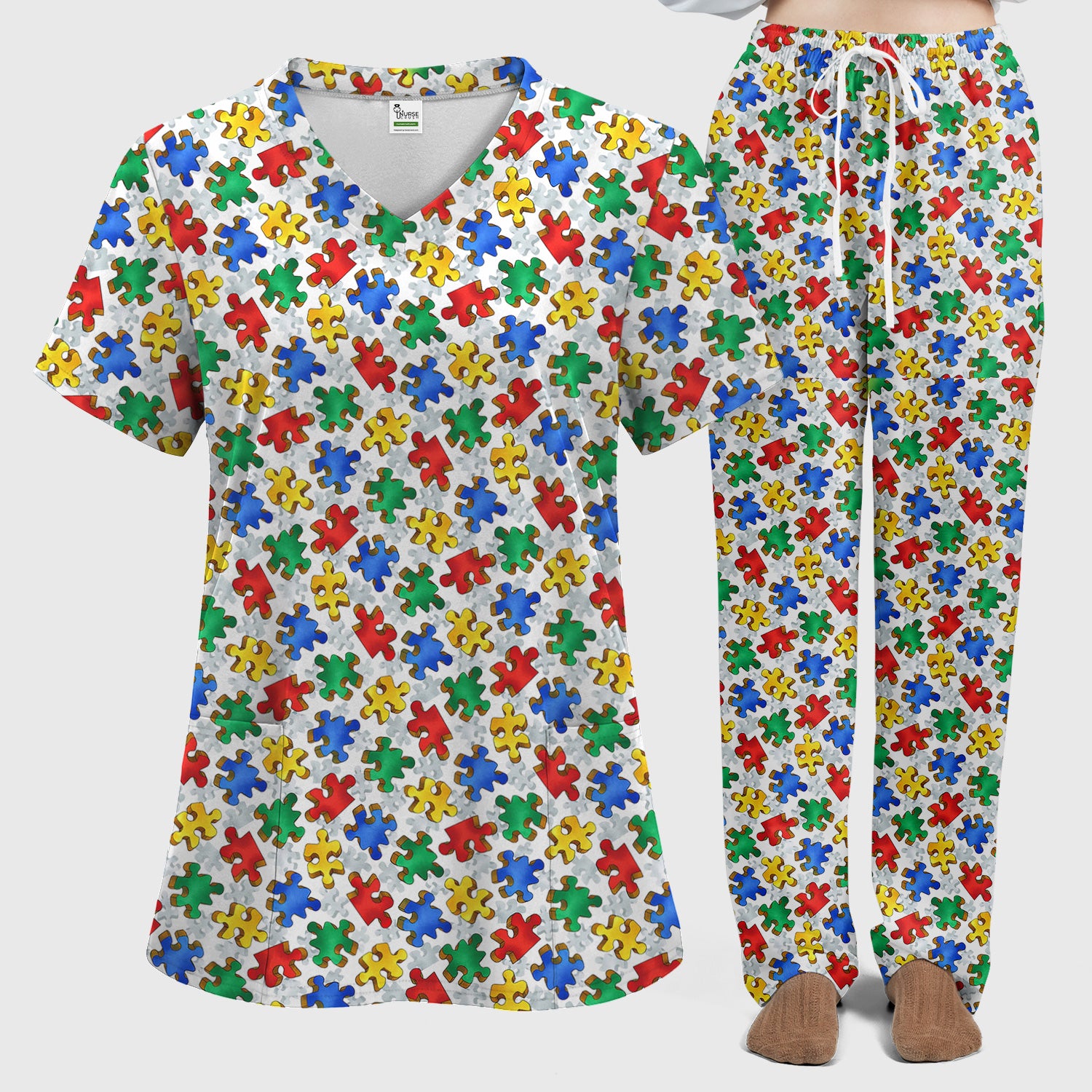 Colorful Autism Puzzle Piece Print Scrub Set, Scrub Pants and V Neck Top