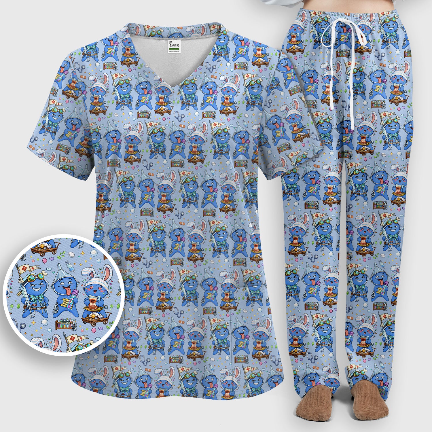 Cute Glove Doll Hospital Medical Cartoon Nurse Pattern Scrub Set, Women's Scrub Sets