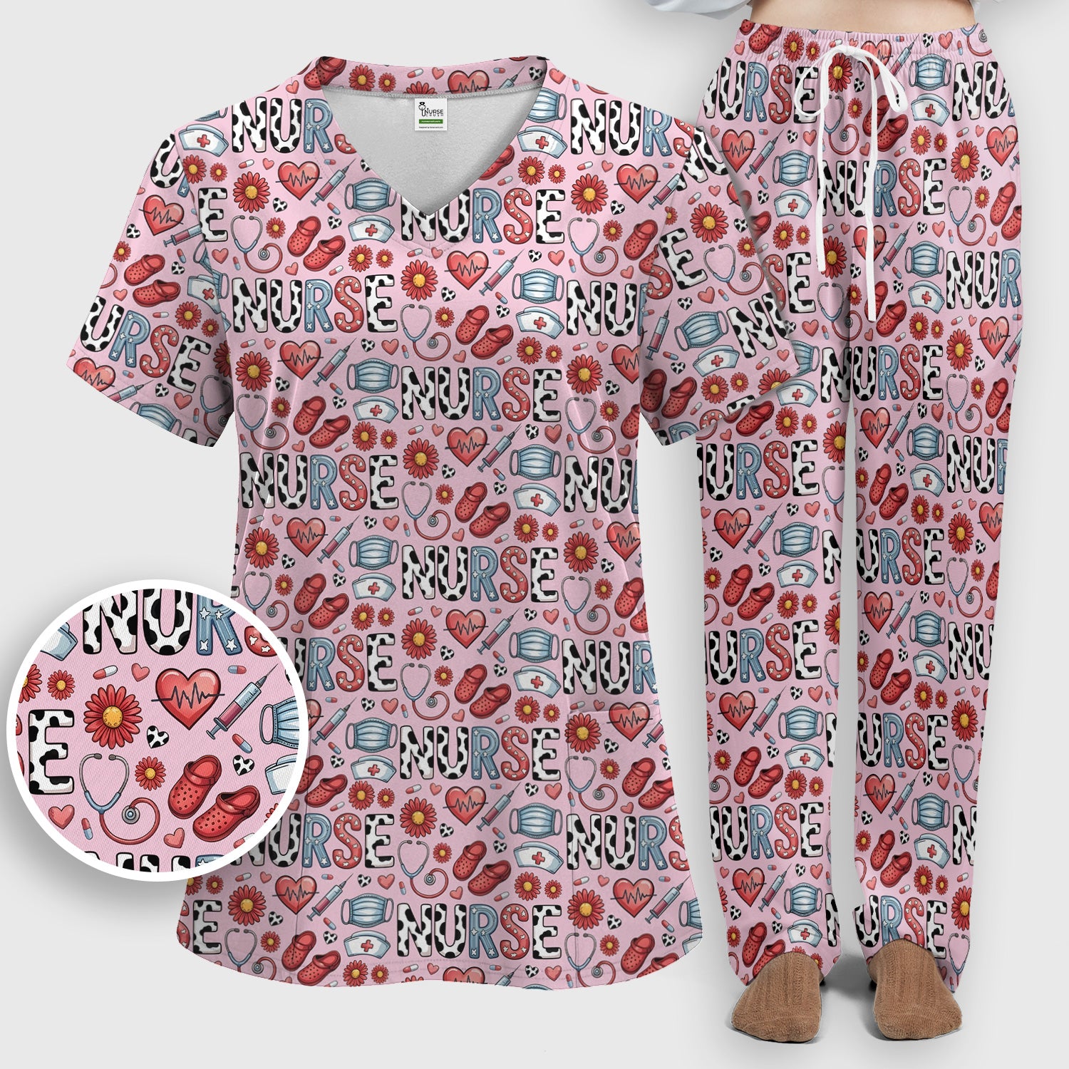 Cute Nurse Medical Icon Pattern Scrub Set, Scrub Pants and V Neck Top