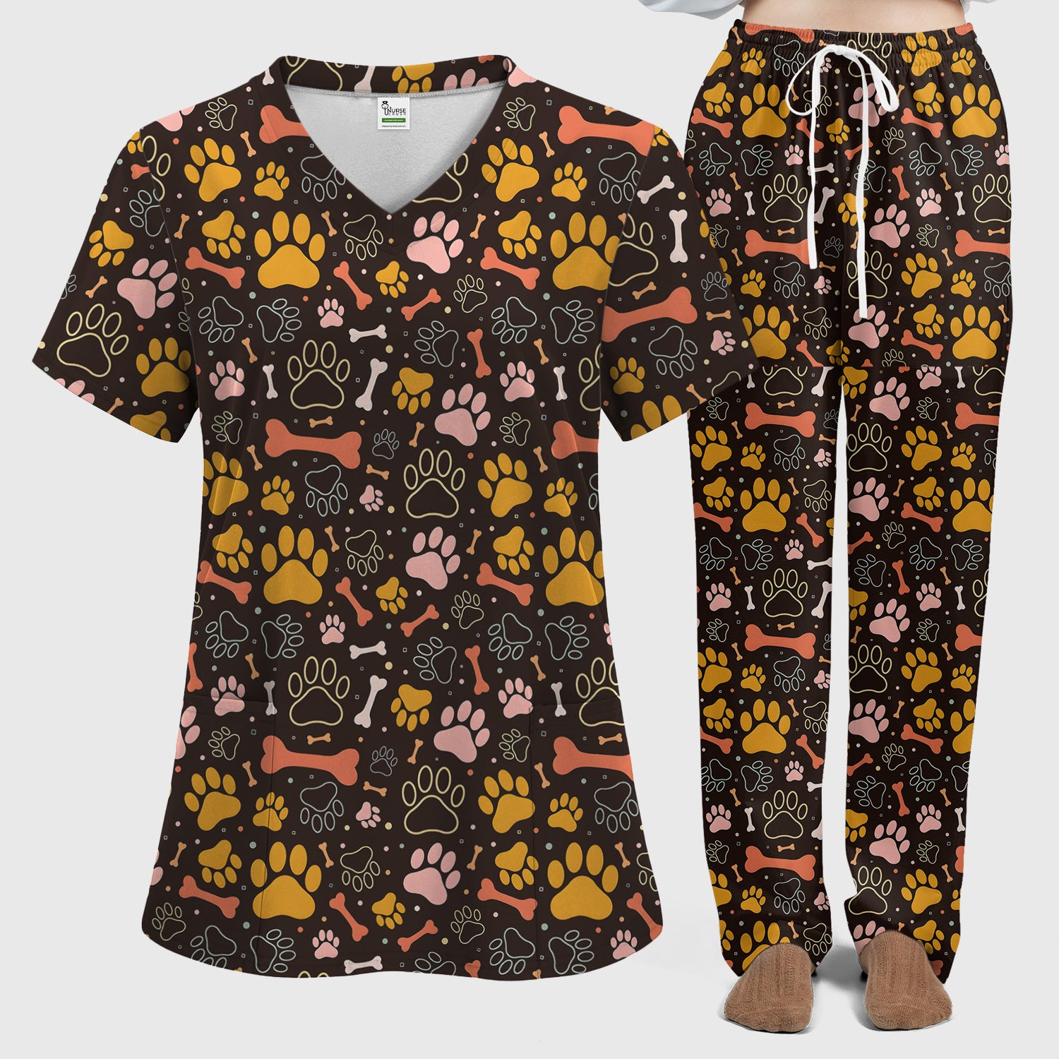 Cute Paw Print Dog Pattern Scrub Set, Breathable Med Uniform