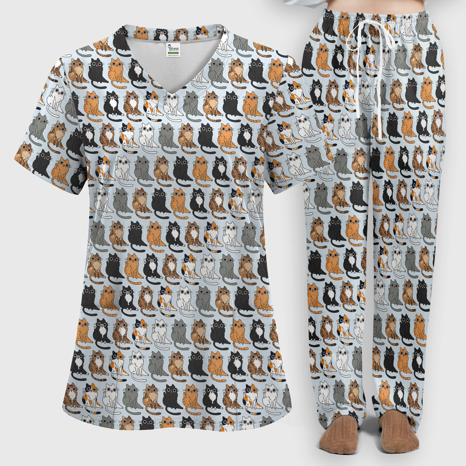 Cute Cartoon Cat Pattern Women's Scrub Set, Scrub Pants and V Neck Top