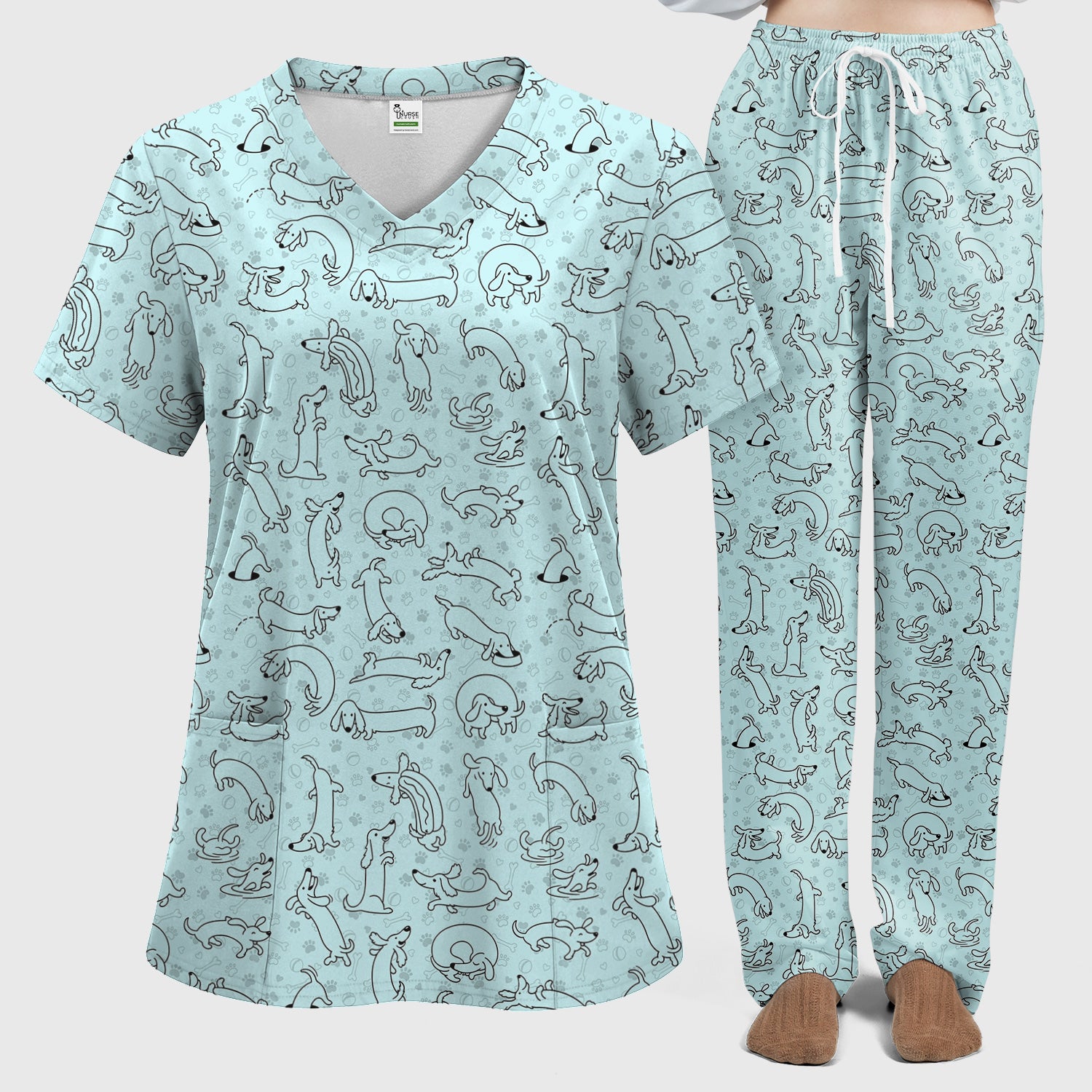 Playful Dachshund Dog Line Art Print Scrub Set, Scrub Pants and V Neck Top