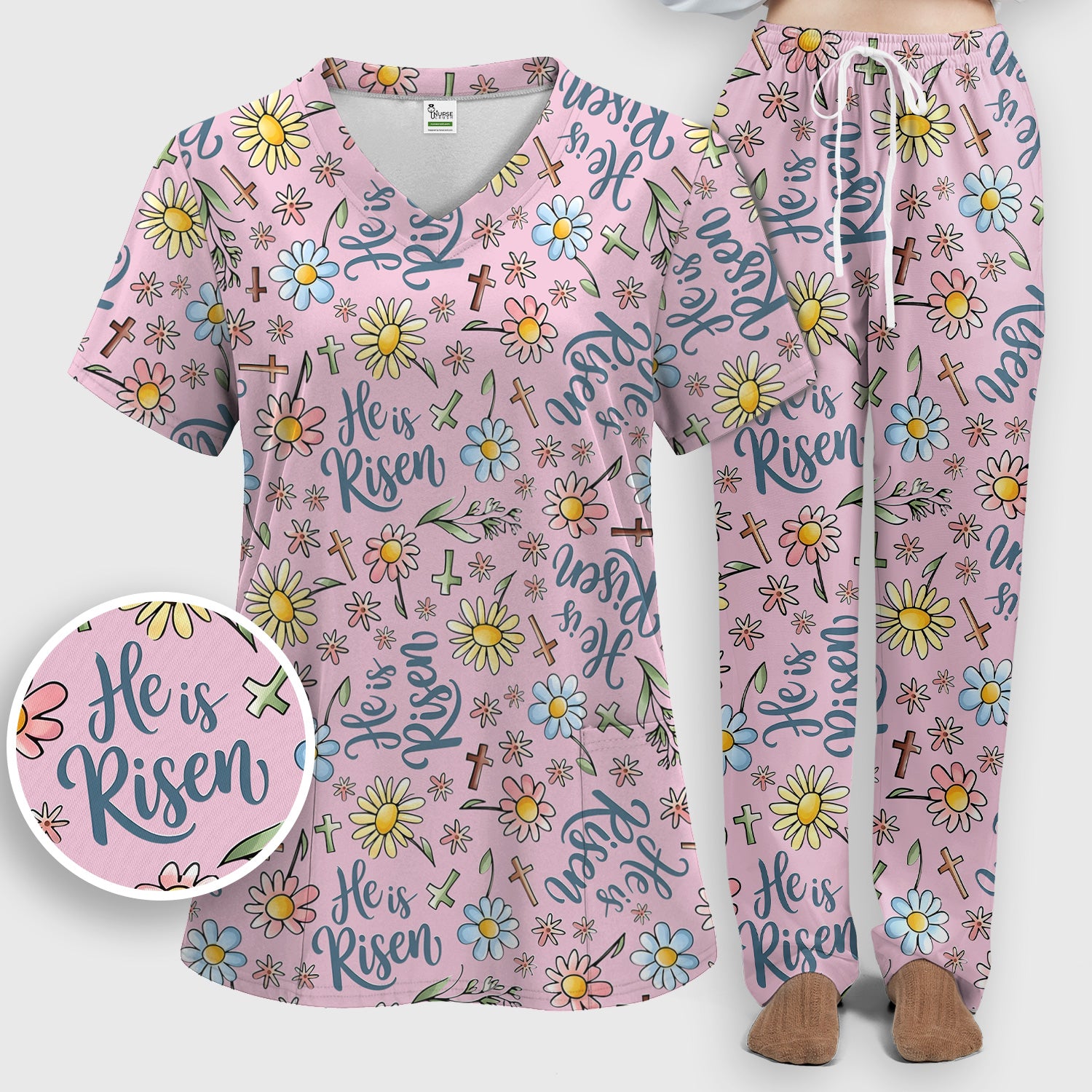 He Is Risen Cross Flower Pattern Scrub Set, Nurse Uniform Scrubs Set