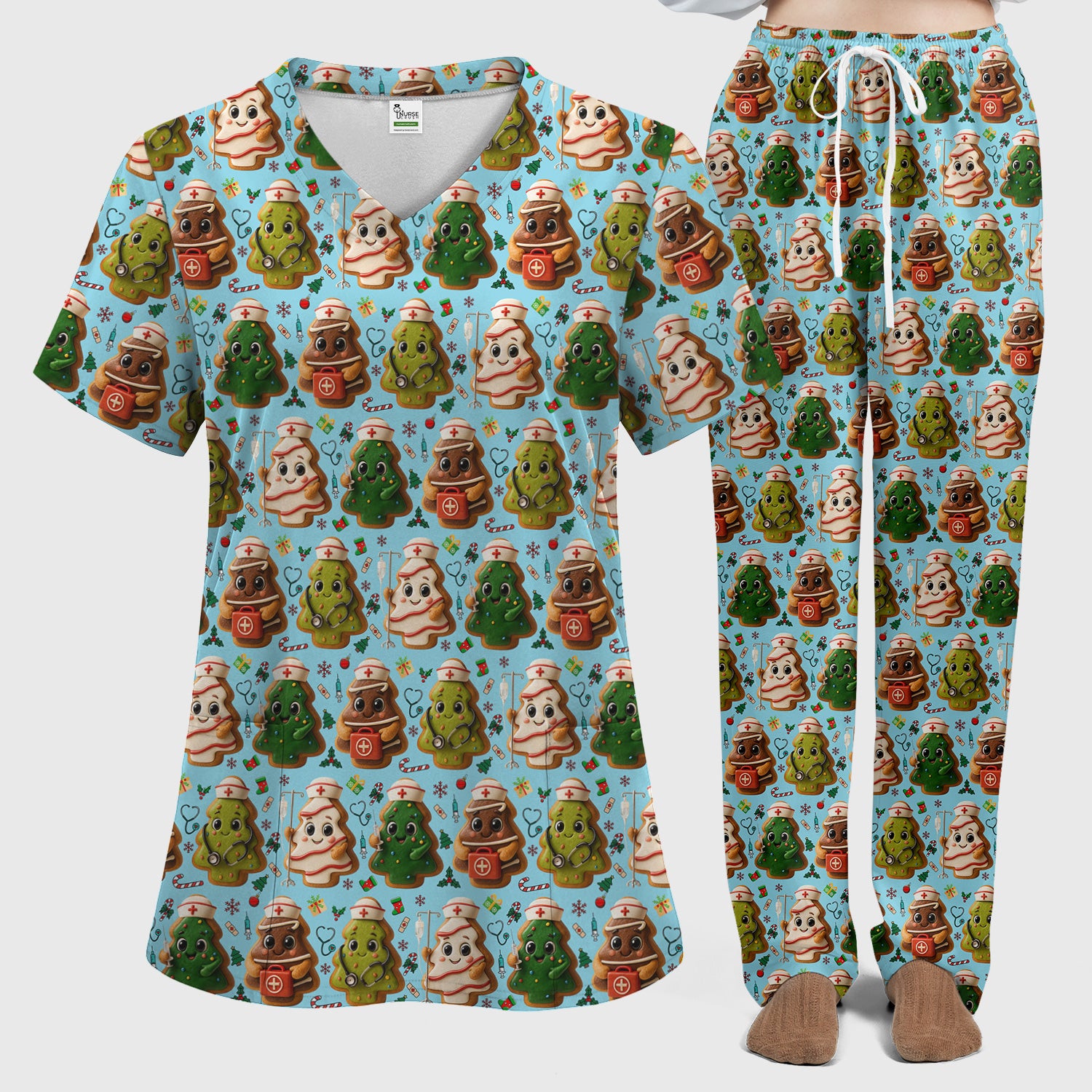 Christmas Cookie Scrub Set – Festive Nurse & Holiday Tree Pattern – Cute Medical Uniform for Nurses, Vets and Healthcare Workers
