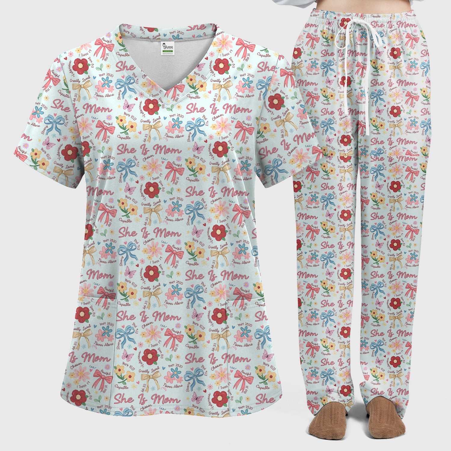 She Is Mom Flower Bow Pattern Scrub Set, Scrub Pants and V Neck Top