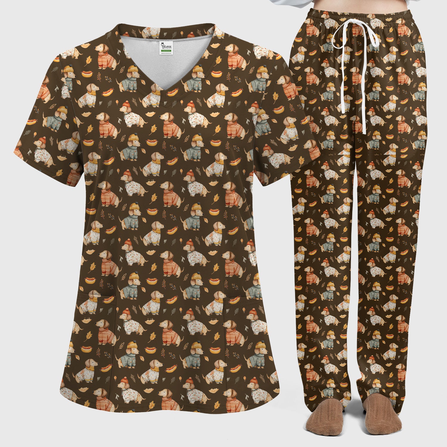 Autumn Dachshund Dog Sweater Print Scrub Set, Breathable Med Uniform