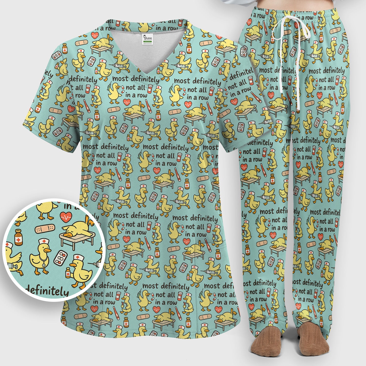 Funny Nurse Duck Medical Humor Pattern Scrub Set, Scrub Pants and V Neck Top