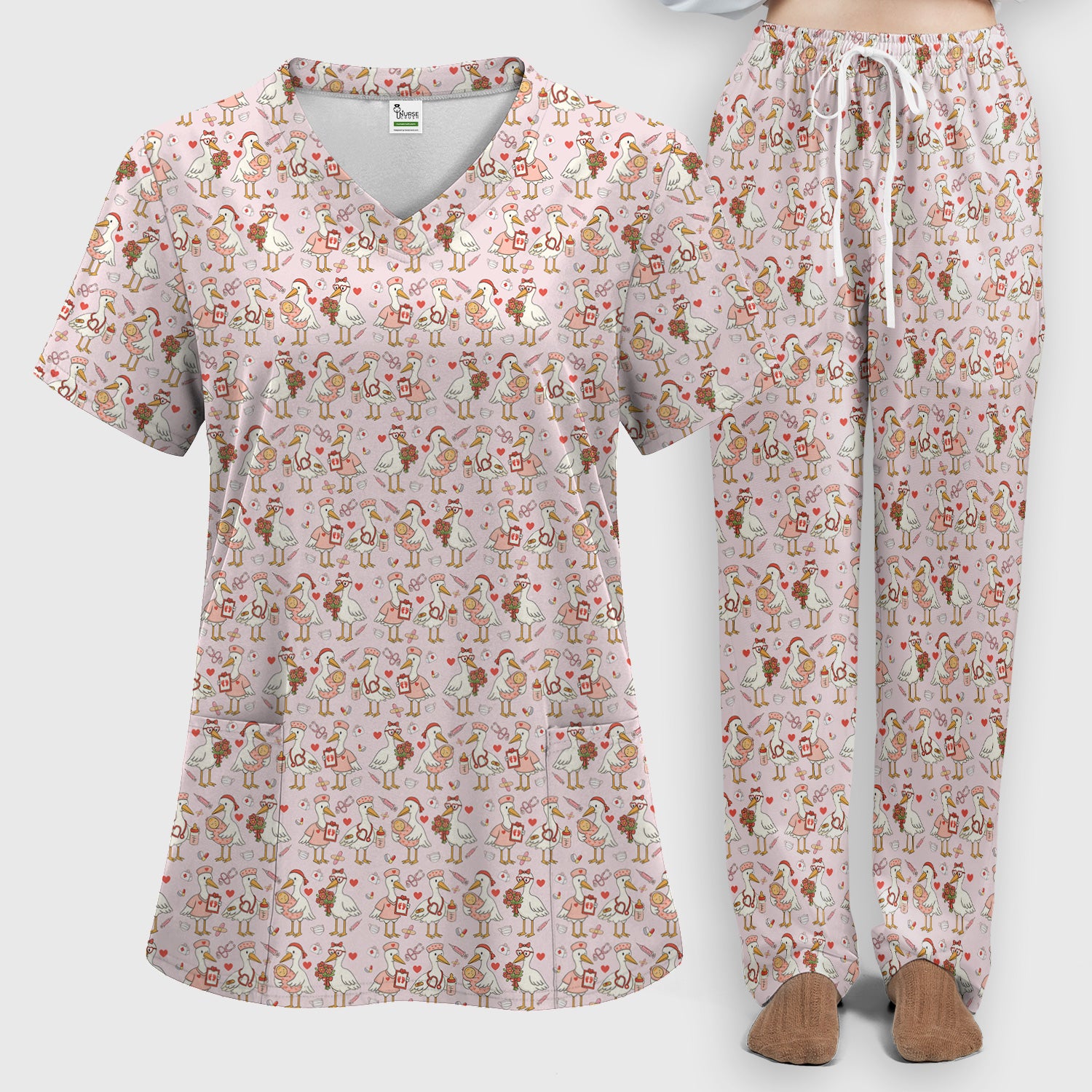 Cute Goose Nurse Valentine Print Scrub Set, Breathable Med Uniform