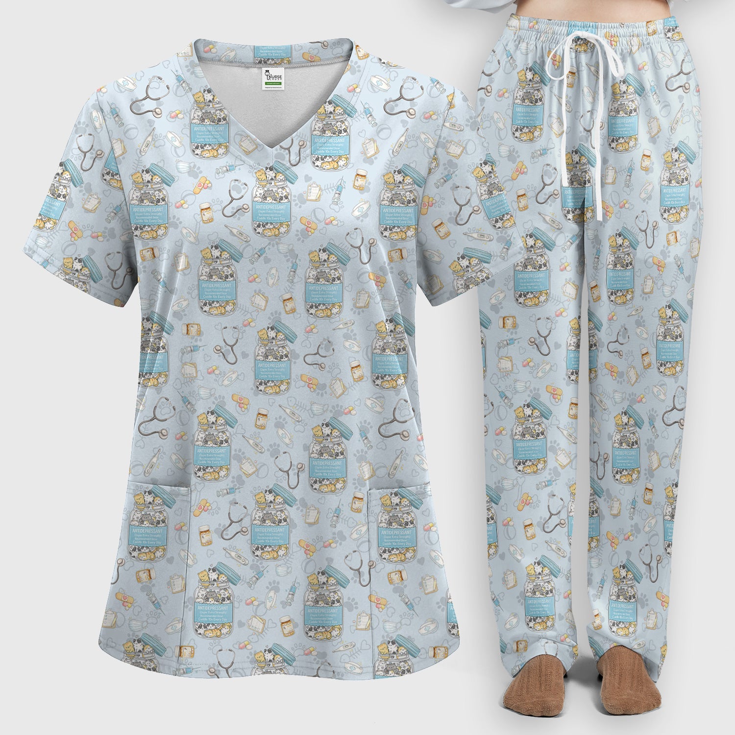 Cute Antidepressant Cat Jar Print Women's Scrub Set, Breathable Med Uniform