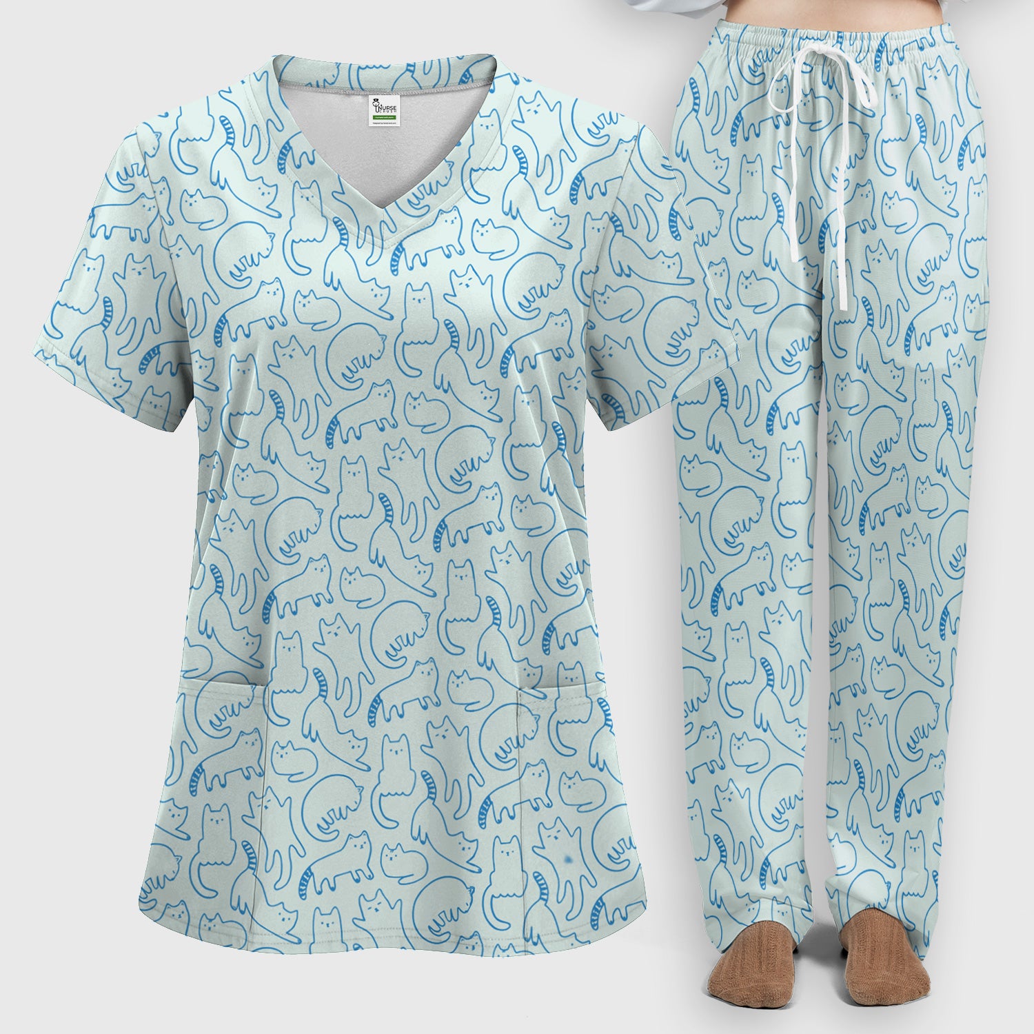 Artistic Cat Pattern Medical Scrub Set, Breathable Fabrics Nursing Uniform