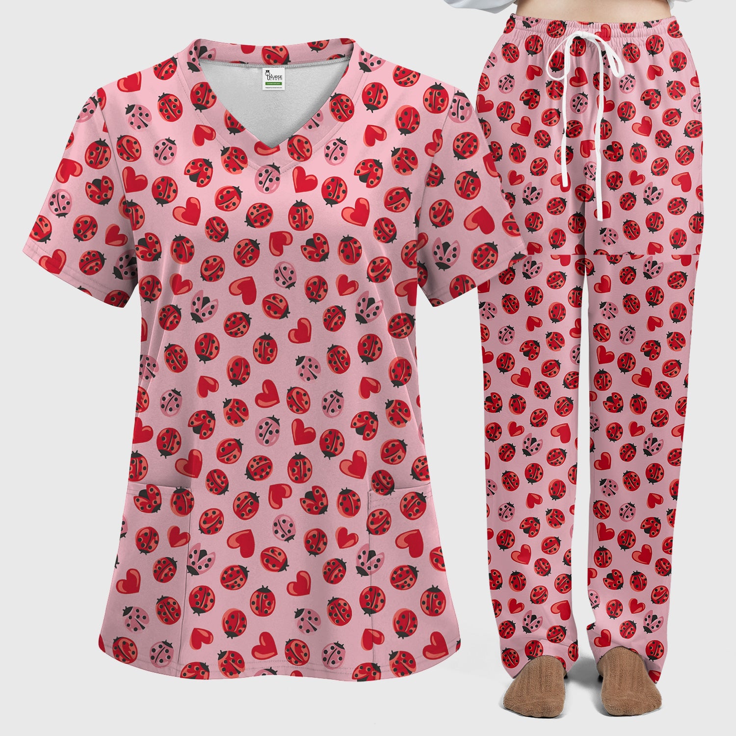 Cute Ladybug and Red Heart All Over Print Set, Women's Scrub Sets