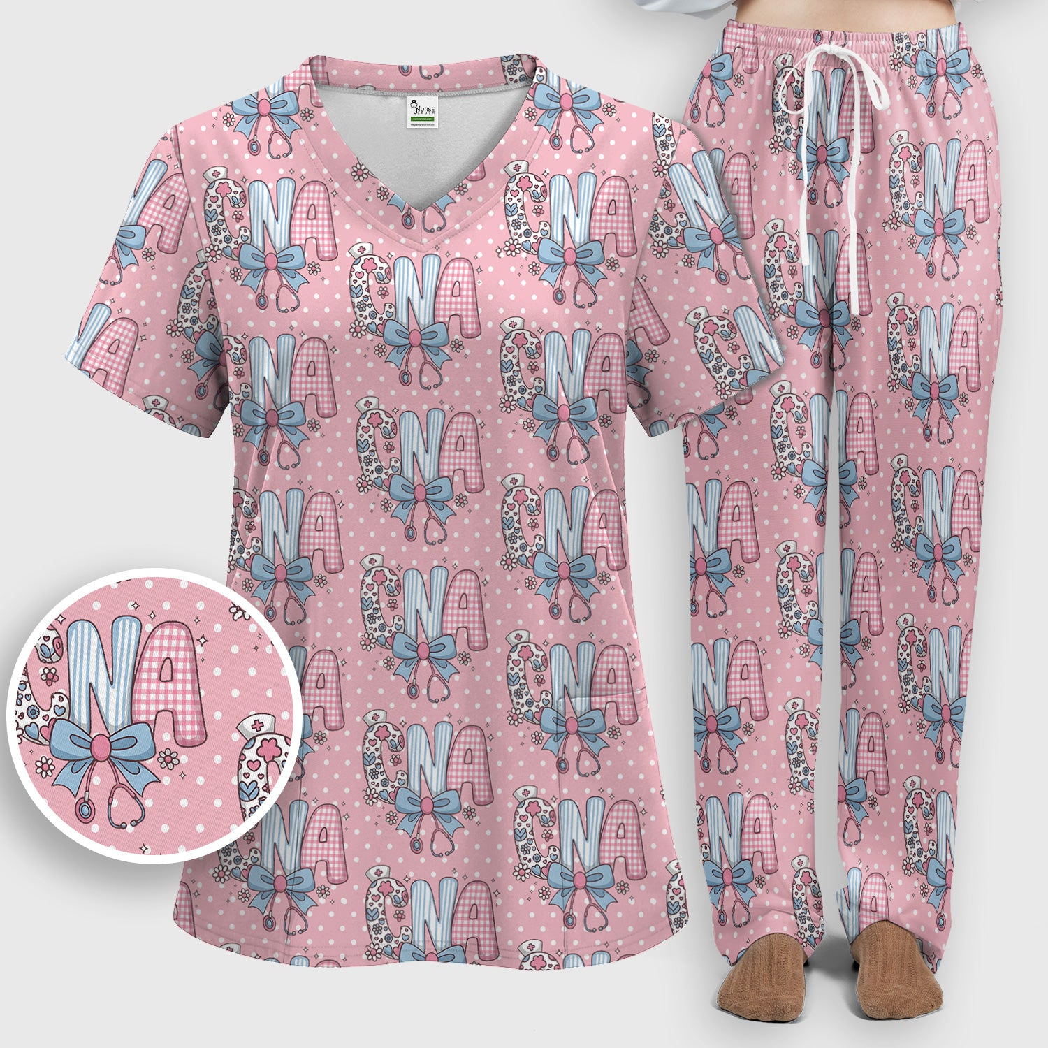 Cute CNA Floral Bow Pattern Scrub Set, Scrub Pants and V Neck Top, Breathable Med Uniform