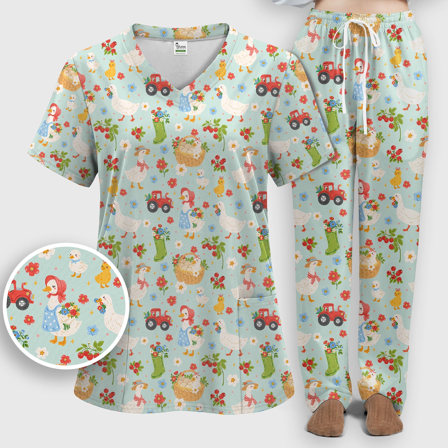 Farm Duck Chicken Tractor Flower Basket Scrub Top, Breathable Fabrics Nursing Uniform