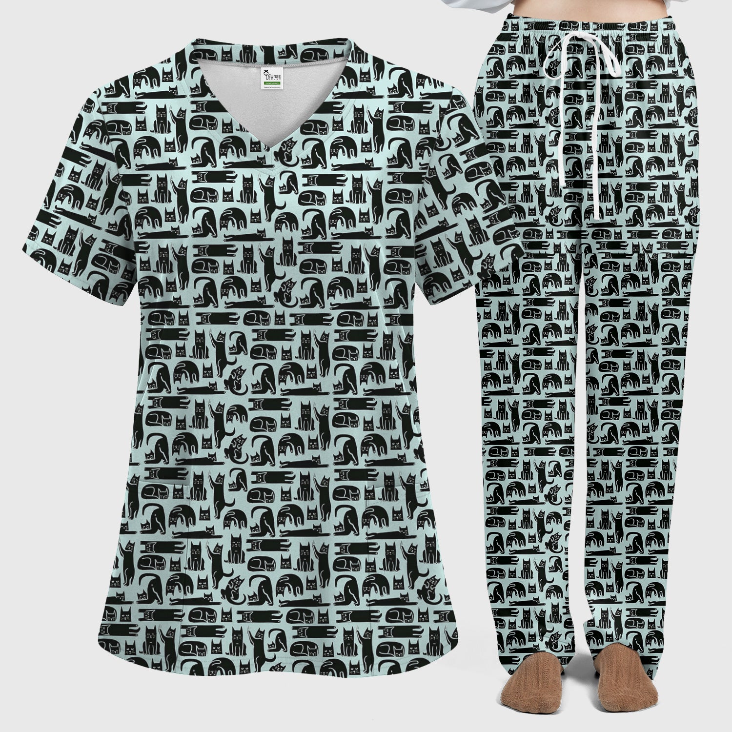 Cute Funny Cat Poses Print Scrub Sets, Scrub Pants and V Neck Top