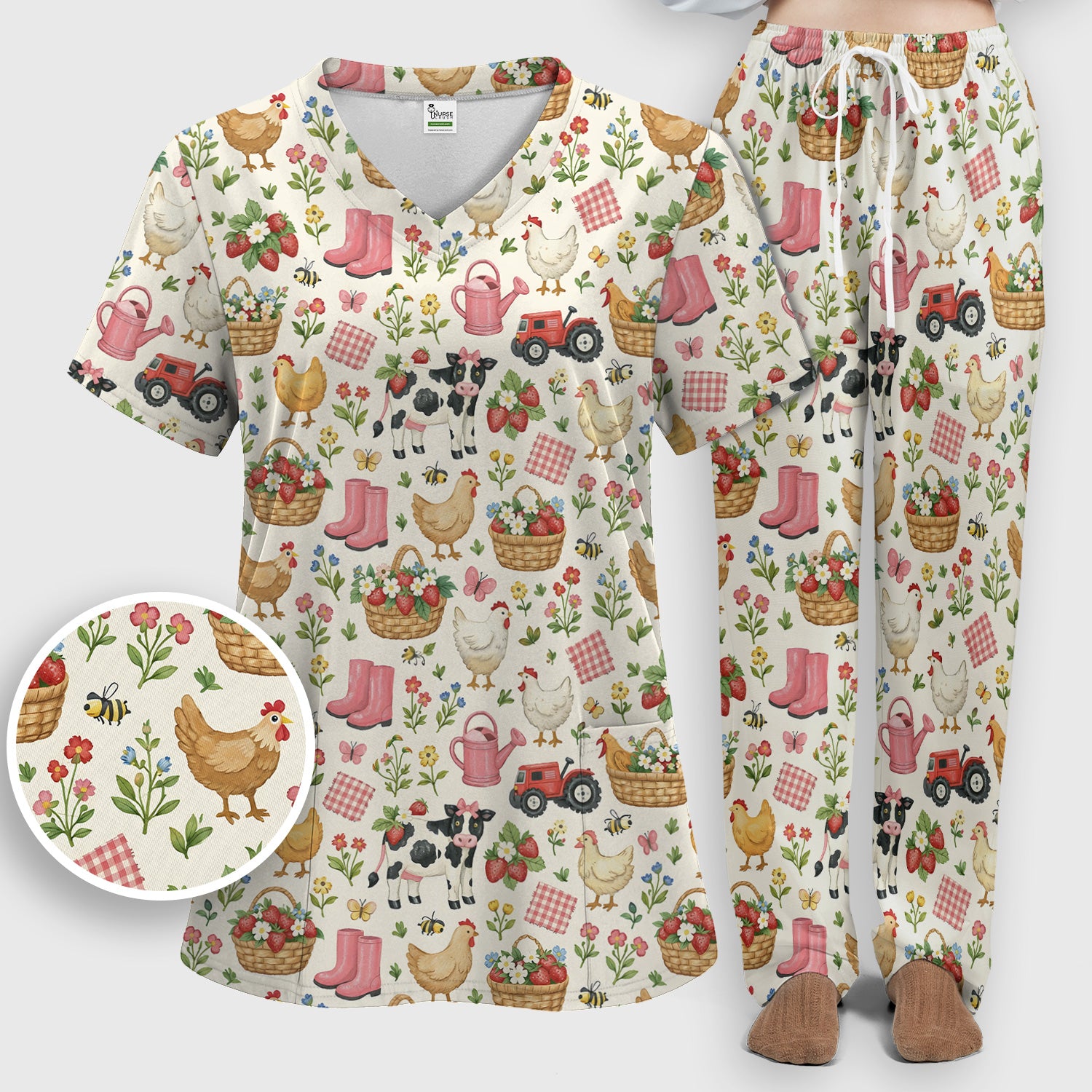 Whimsical Farm Animals Garden Pattern Scrub Set, Scrub Pants and V Neck Top