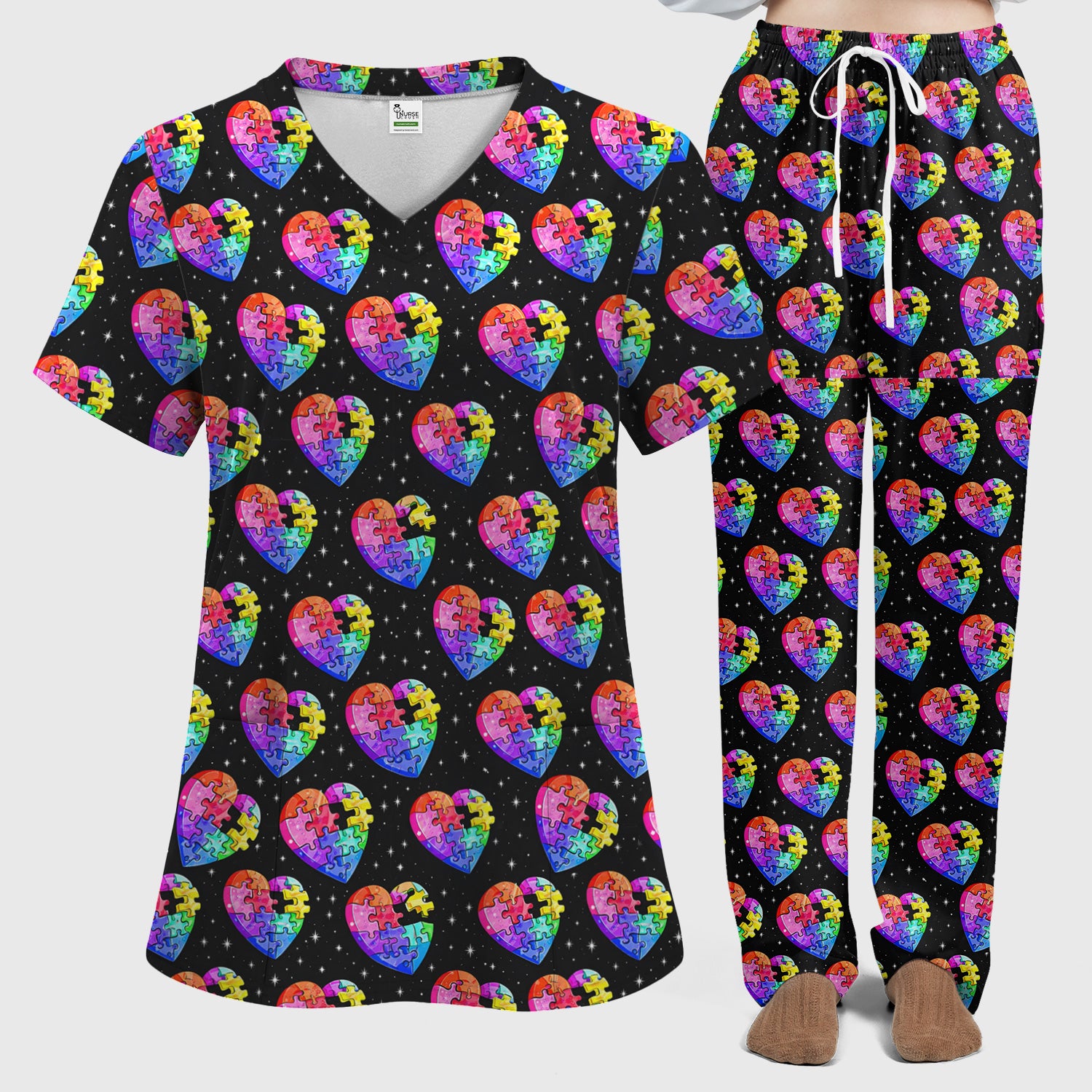 Rainbow Autism Puzzle Heart Starry Sky Print Scrub Set, Scrub Pants and V Neck Top