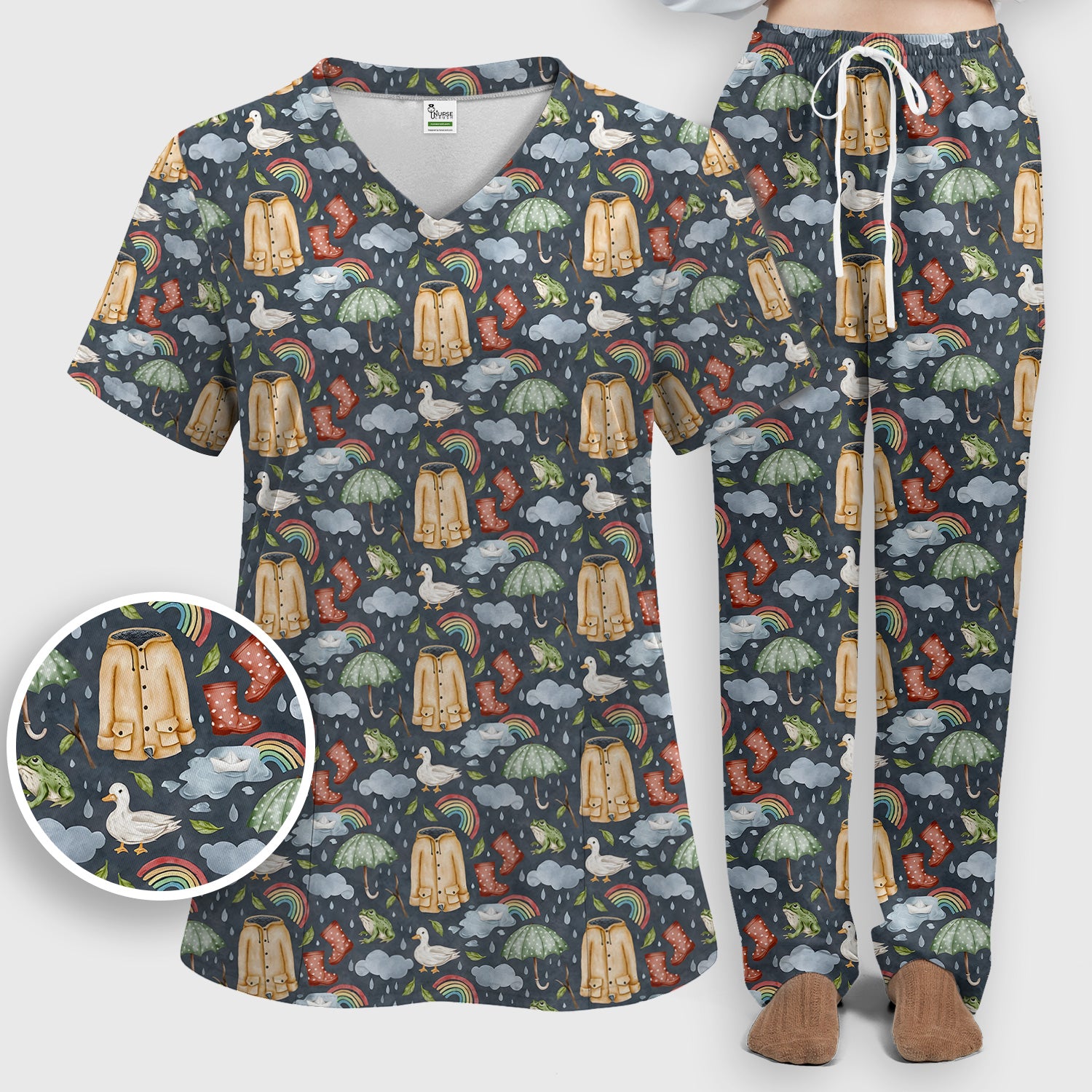 Cute Rainy Day Ducks & Frog Rainbow Pattern Scrub Set, Scrub Pants and V Neck Top
