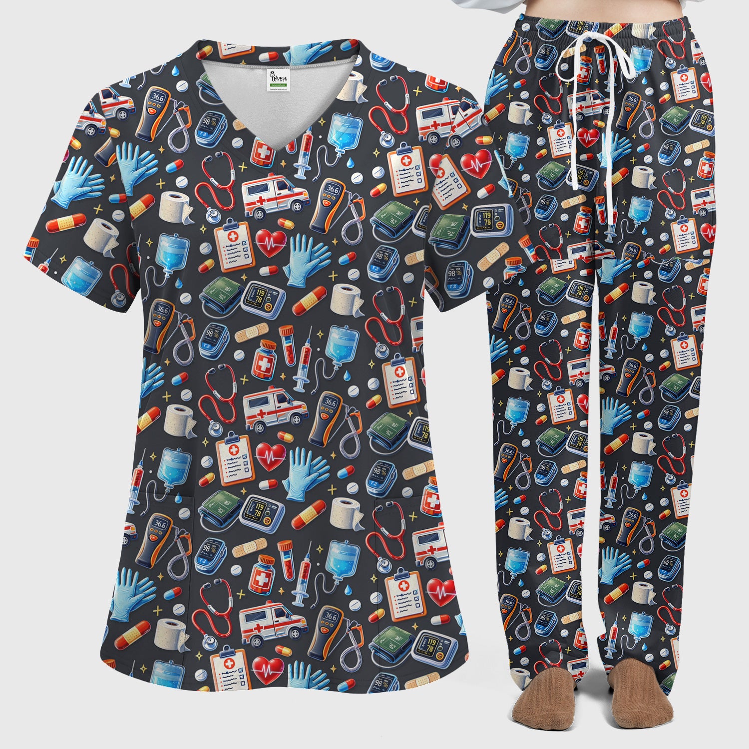 Medical Tools Pattern Ambulance Stethoscope Scrub Set, Scrub Pants and V Neck Top