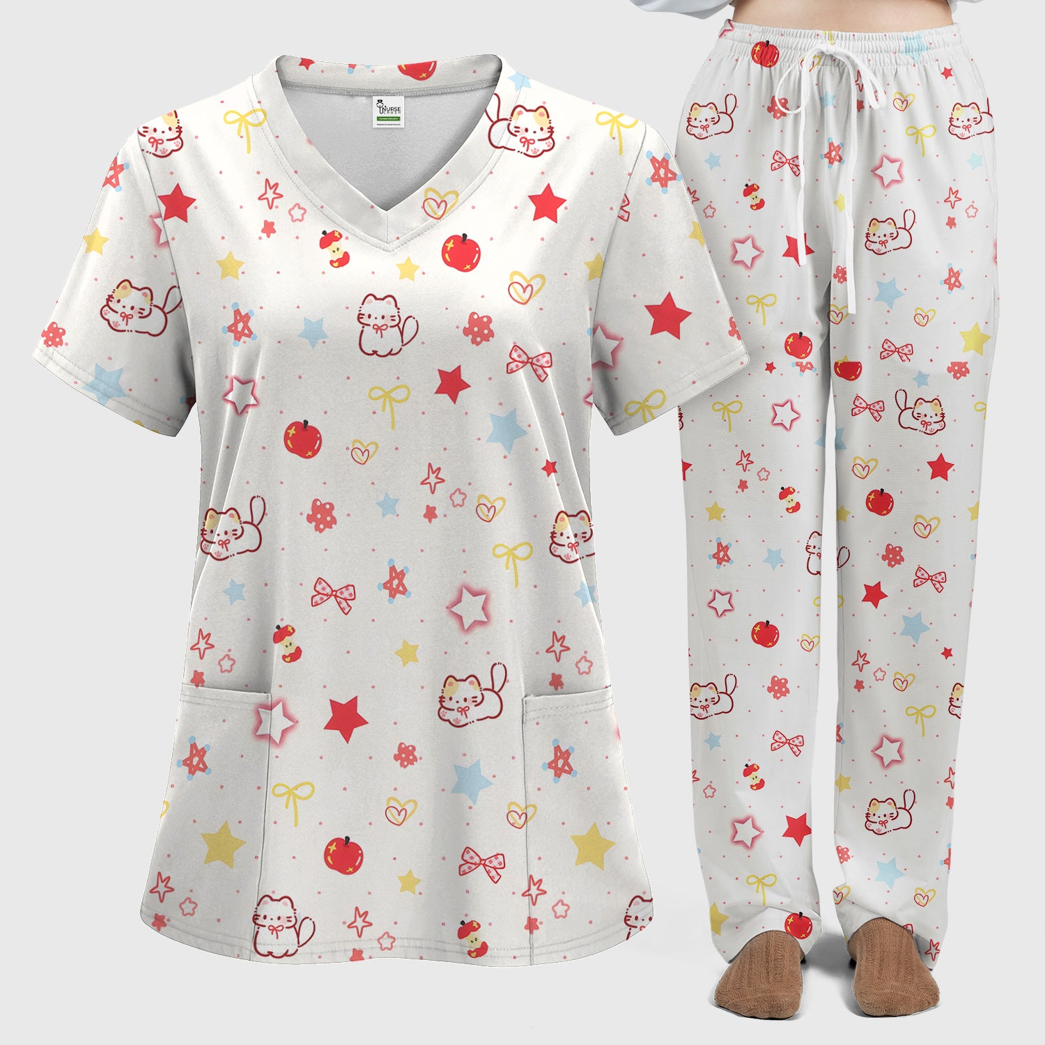 Cute Kawaii Cat Bow Star Pattern Scrub Set, Scrub Pants and V Neck Top