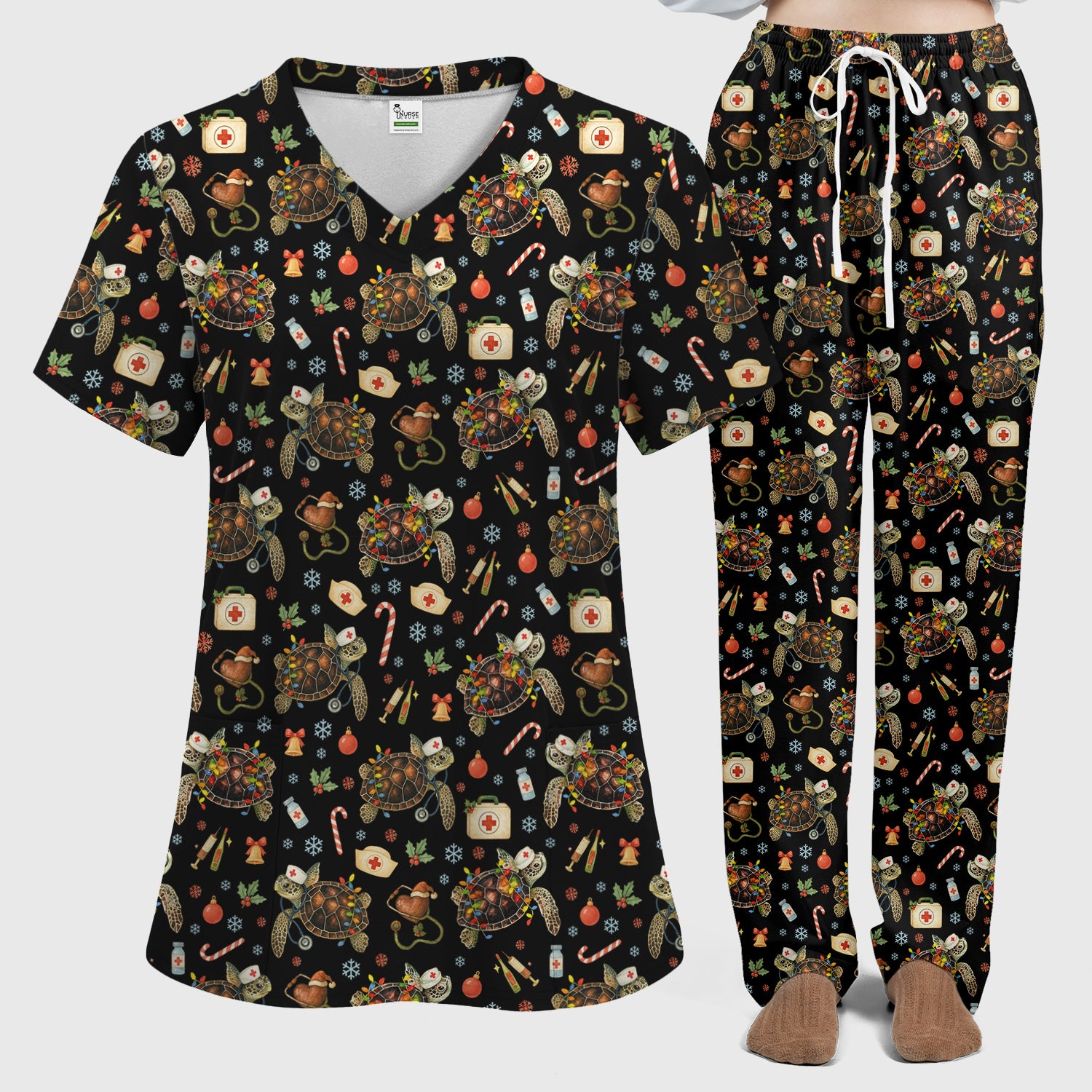 Funny Christmas Scrub Set - Sea Turtle with Xmas Lights Scrubs Pants and V Neck Top - Holiday Nurse Med Uniform for Women