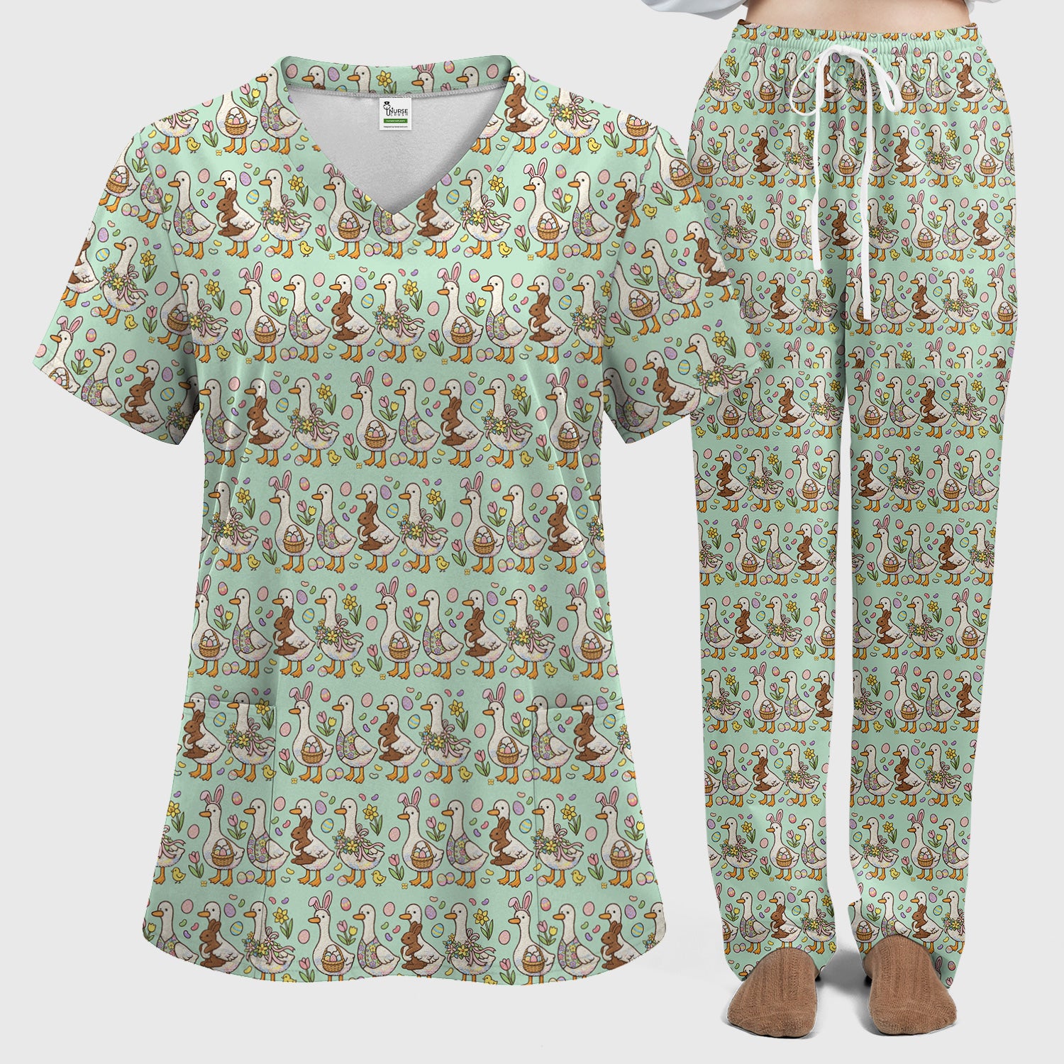 Easter Theme Duck and Bunny Egg Floral Print Scrub Set, Breathable Med Uniform