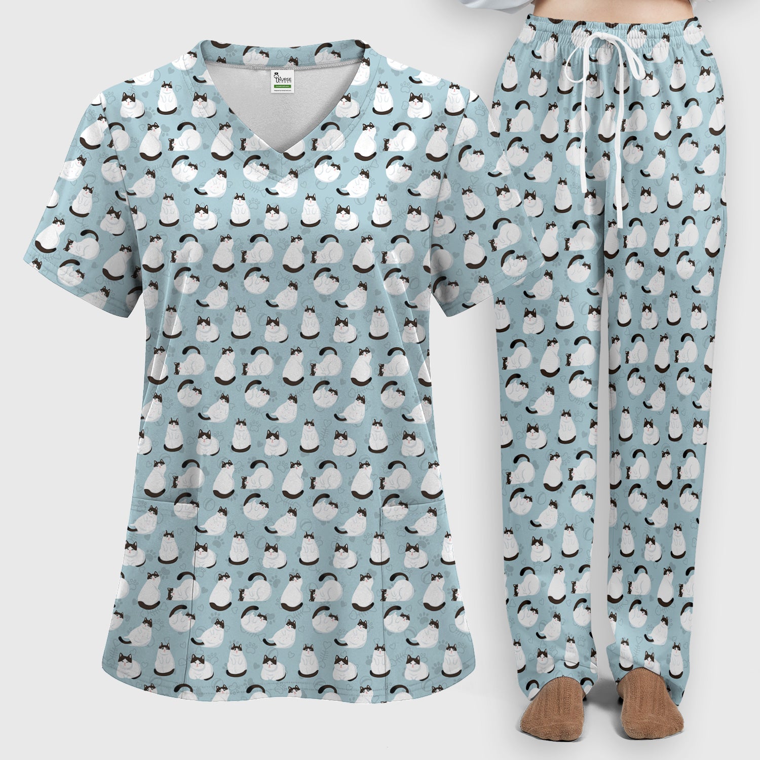 Cute Cat Pattern Medical Scrub Set, Breathable Fabrics Nursing Uniform