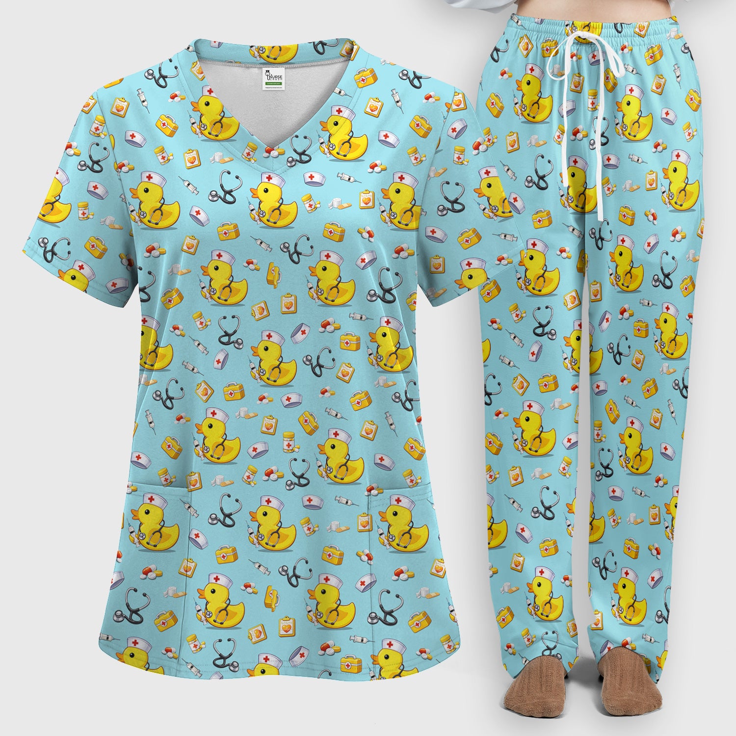 Playful Medical Duck Print Women's Scrub Set, Breathable Med Uniform