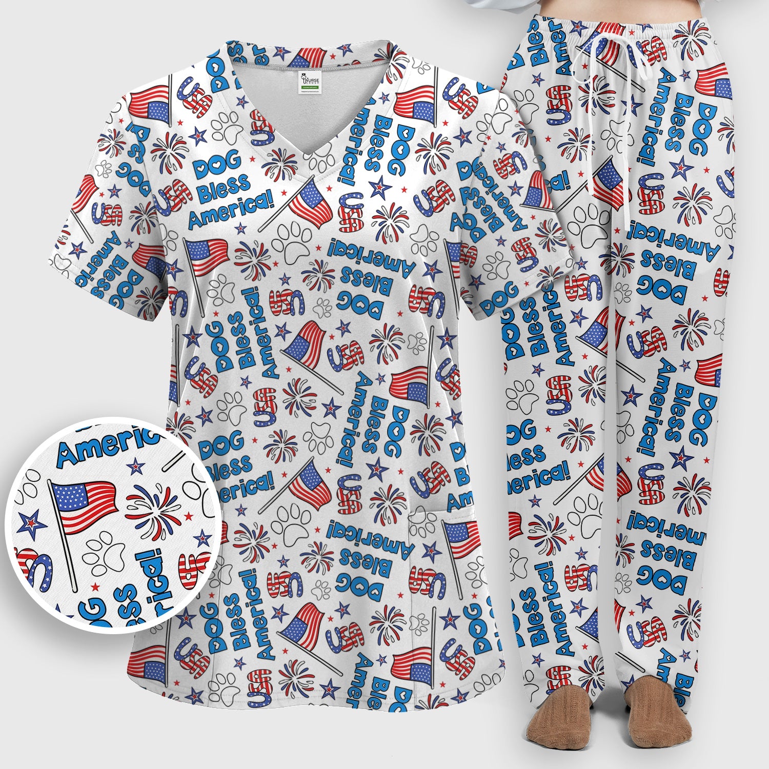 Funny Patriotic Dog Bless America Flag Pattern Scrub Set, Scrub Pants and V Neck Top