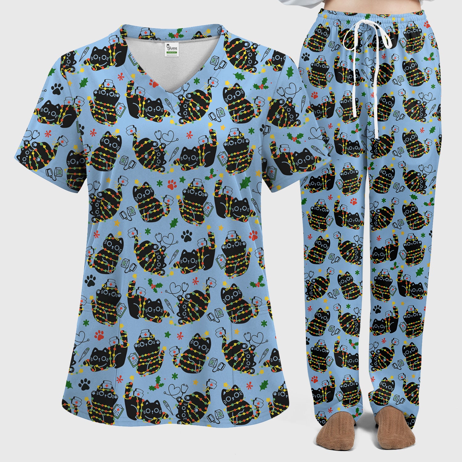 Black Cat Christmas Scrub Set – Nurse & Holiday Lights Pattern Shirt – Cute Medical Uniform For Nursing