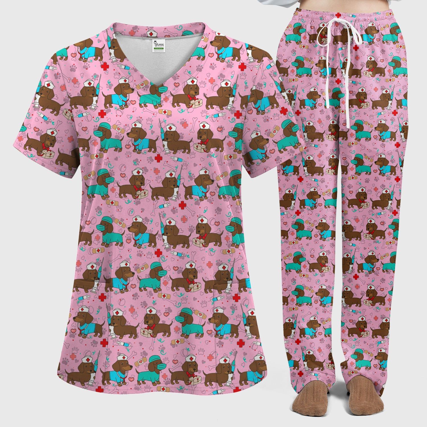 Cute Wiener Dog Dachshund Nurse Scrub Set, Funny Dachshund Dog Scrubs Shirt, Breathable Fabrics Nursing Uniform