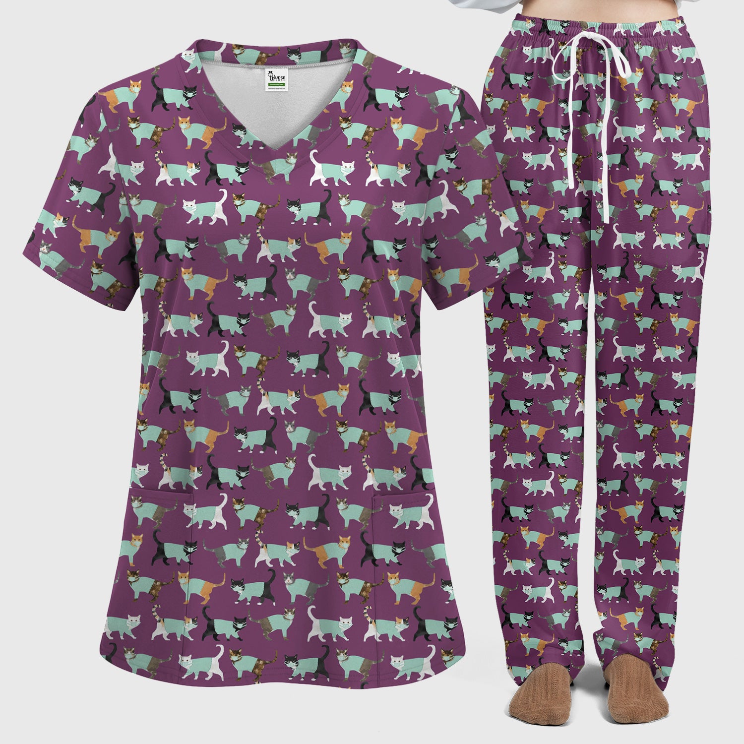 Playful Cat Nurse All Over Print Scrub Set, Scrub Pants and V Neck Top