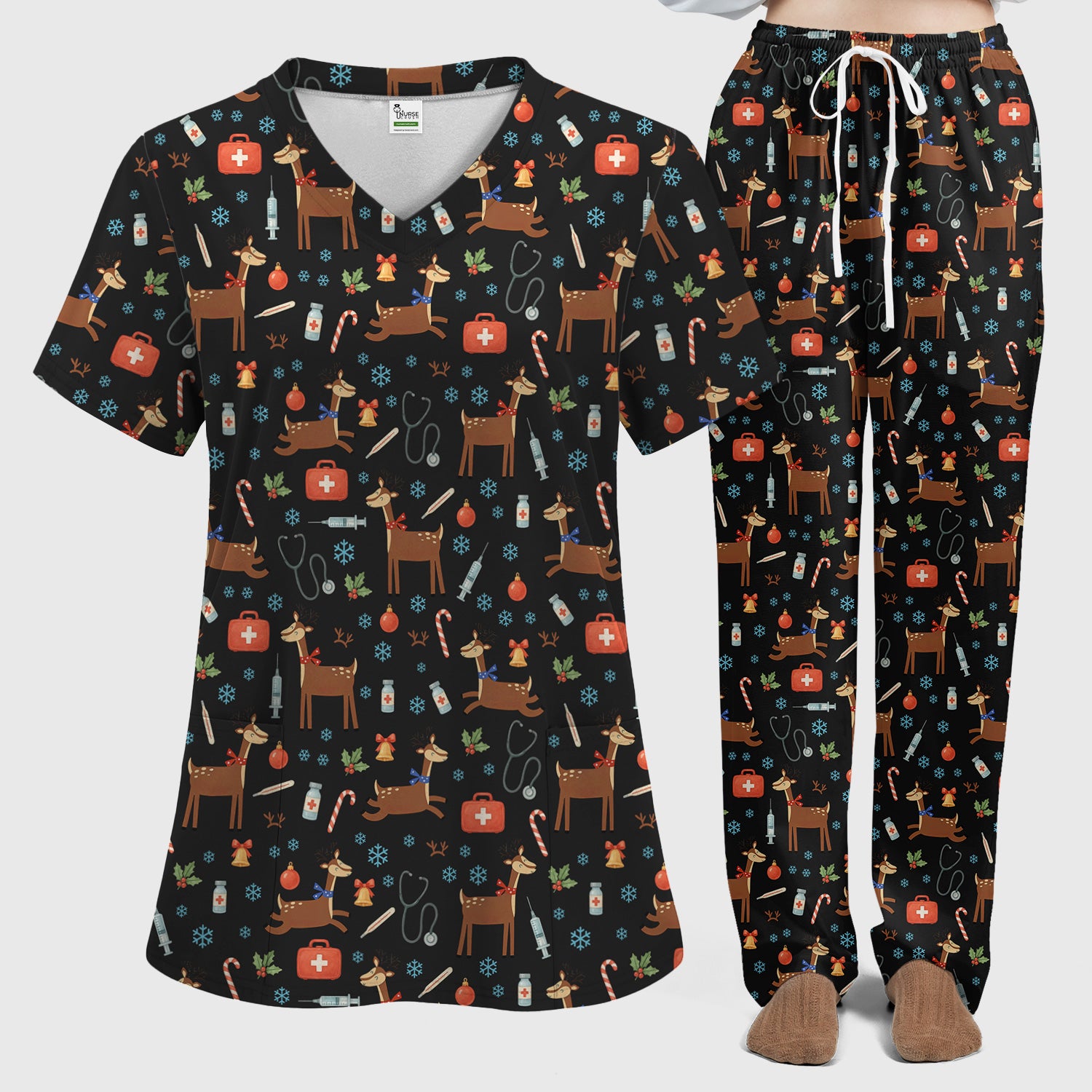 Christmas Reindeer Scrub Set for Nurses - Cute Reindeers Snowflakes Candy Canes - Comfortable Med Uniform