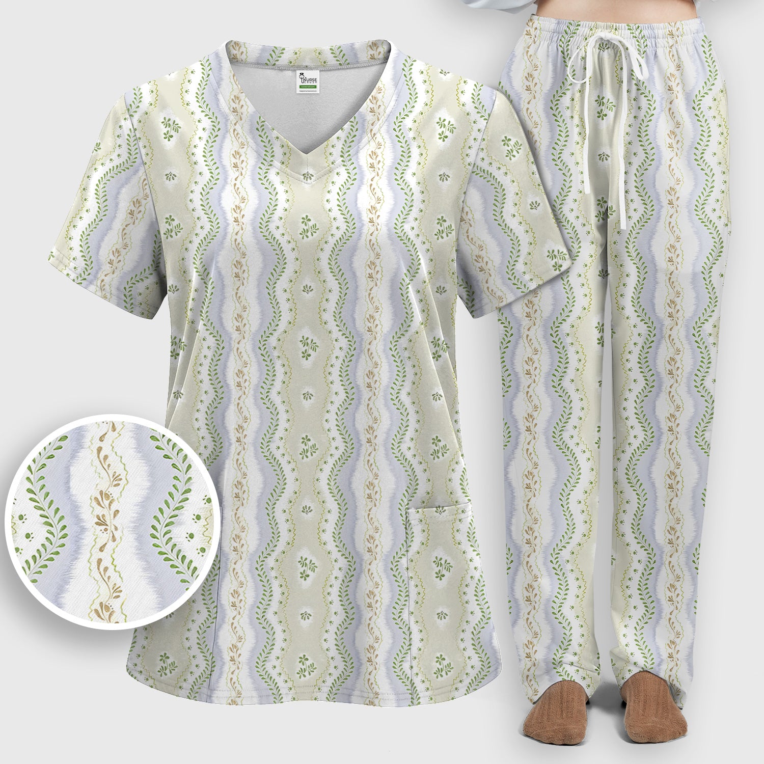 Wavy Stripe Botanical Pattern Scrub Set, Scrub Pants and V Neck Top