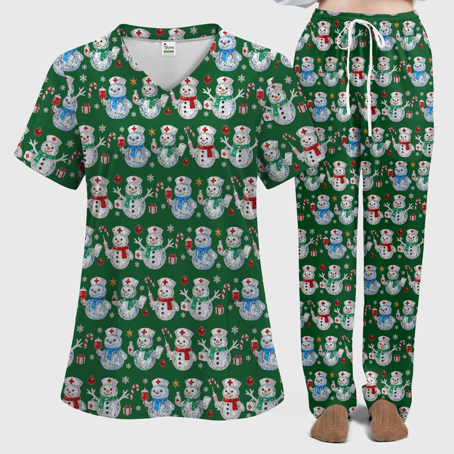 Nurse Snowman Christmas Scrub Set, Cute Holiday Medical Pattern Shirt For Women, Winter Snowflake Nursing Uniform