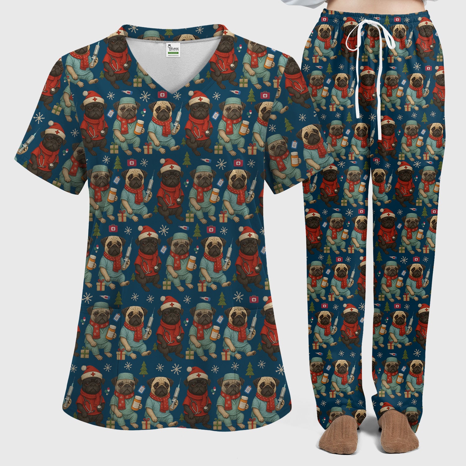 Christmas Pug Nurse Scrub Set, Cute Holiday Dog Medical Uniform Shirt For Nursing