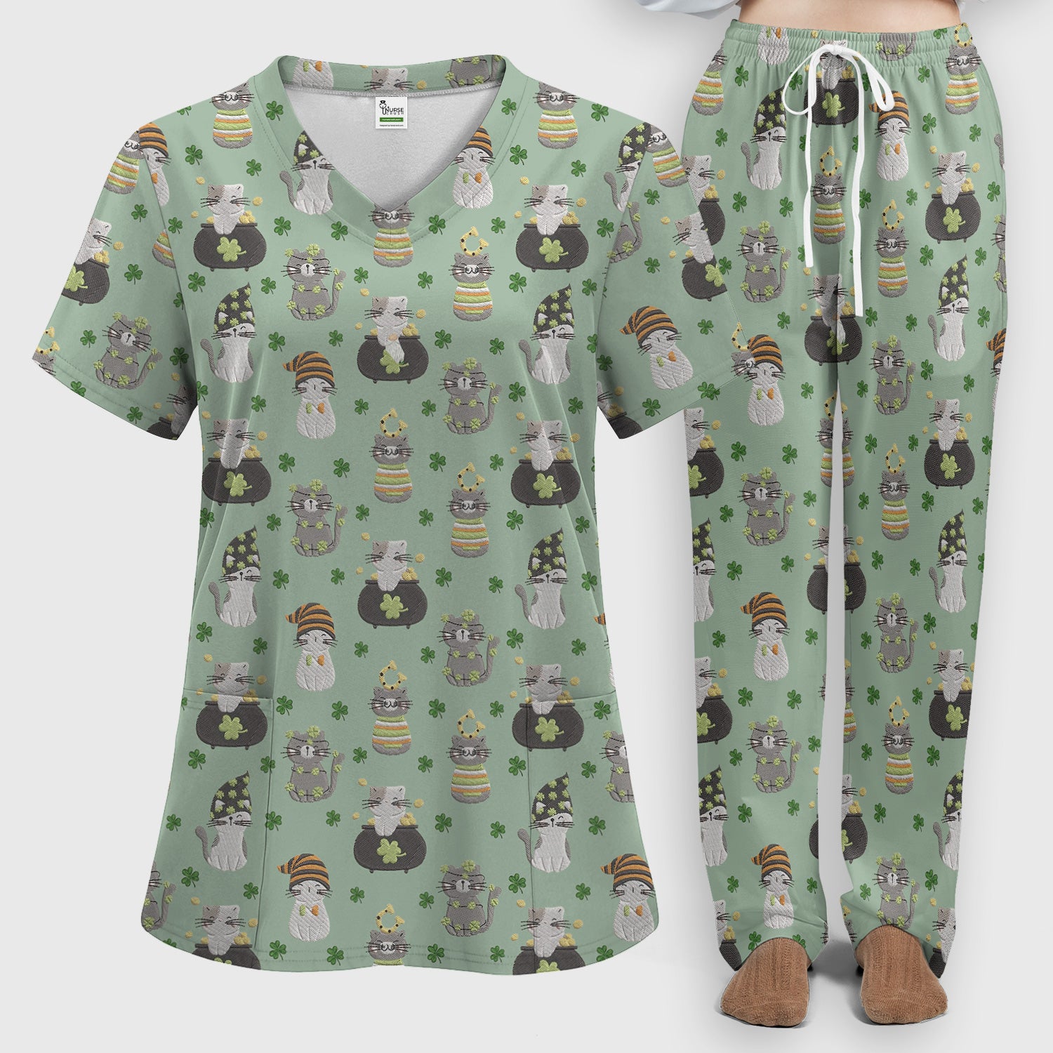 St. Patrick’s Day Scrub Set, Lucky Cat With Shamrock Pattern Shirt, Breathable Fabrics Nursing Uniform