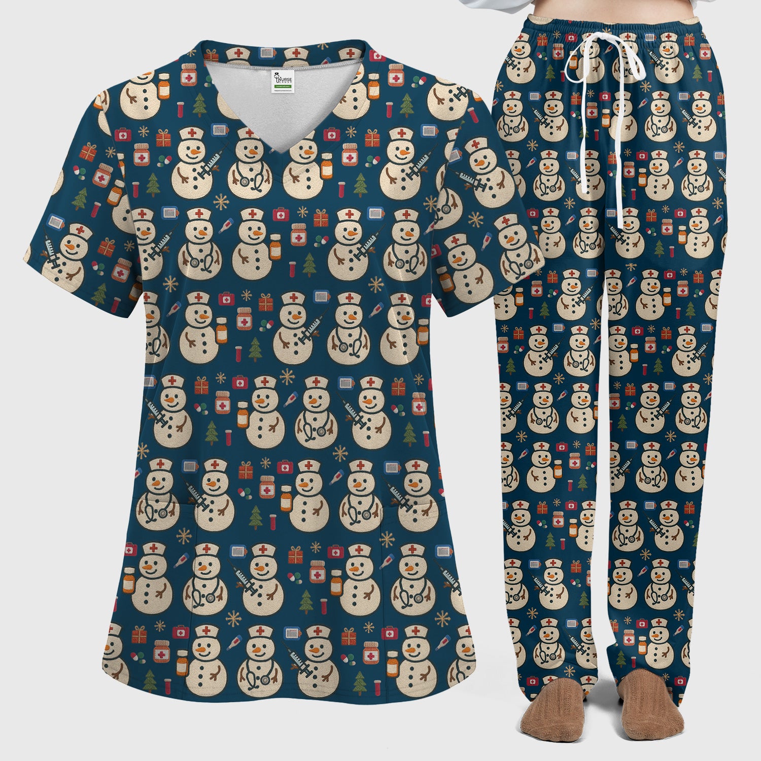 Snowman Nurse Christmas Scrub Set – Festive Medical Pattern Shirt – Cute Holiday Uniform For Nursing