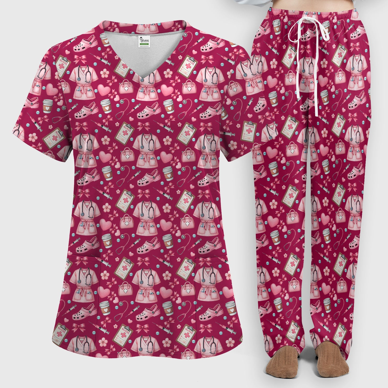 Valentine Pink Nurse Icons Print Women's Scrub Set, Breathable Med Uniform