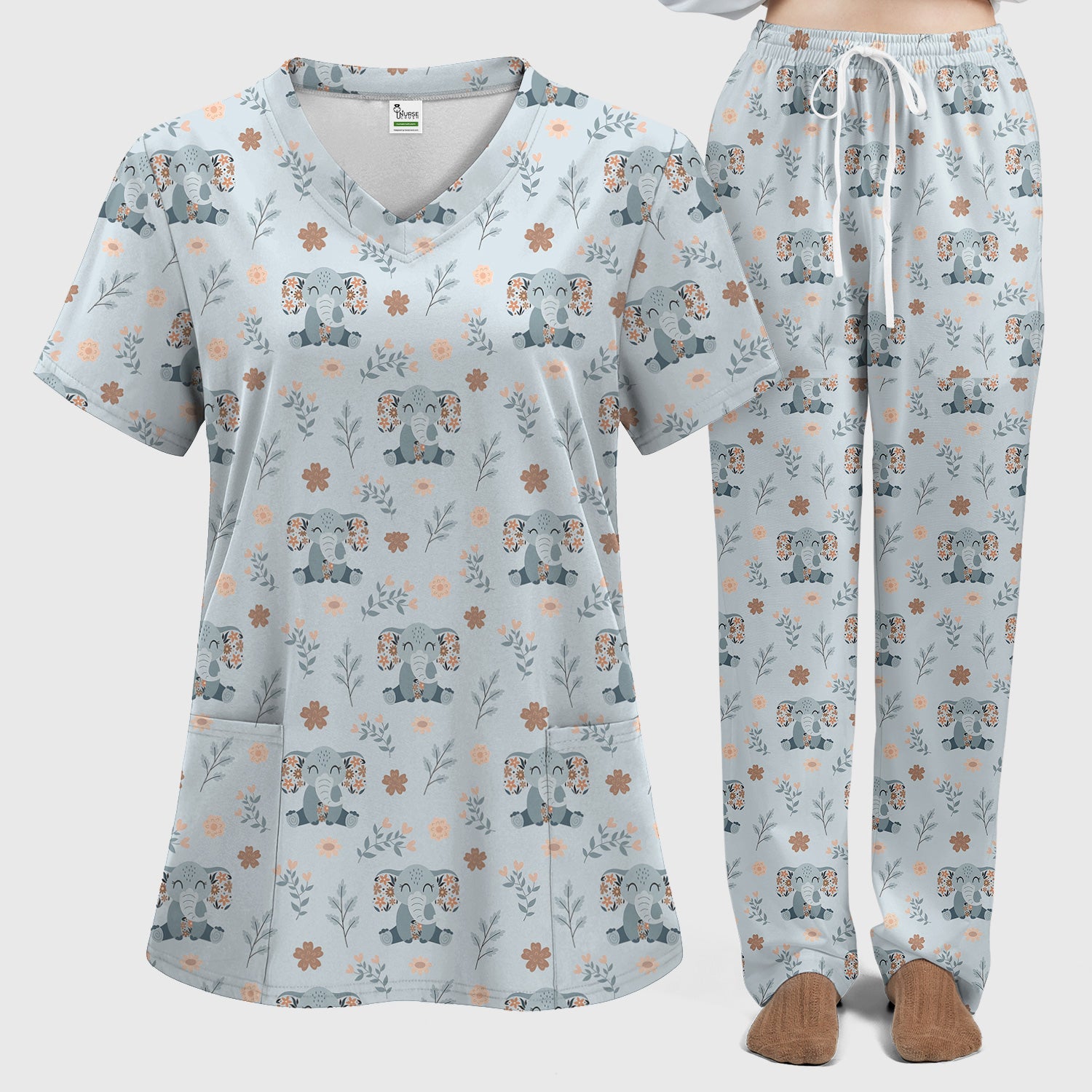 Cute Elephant Floral Print Scrub Set, Scrub Pants and V Neck Top
