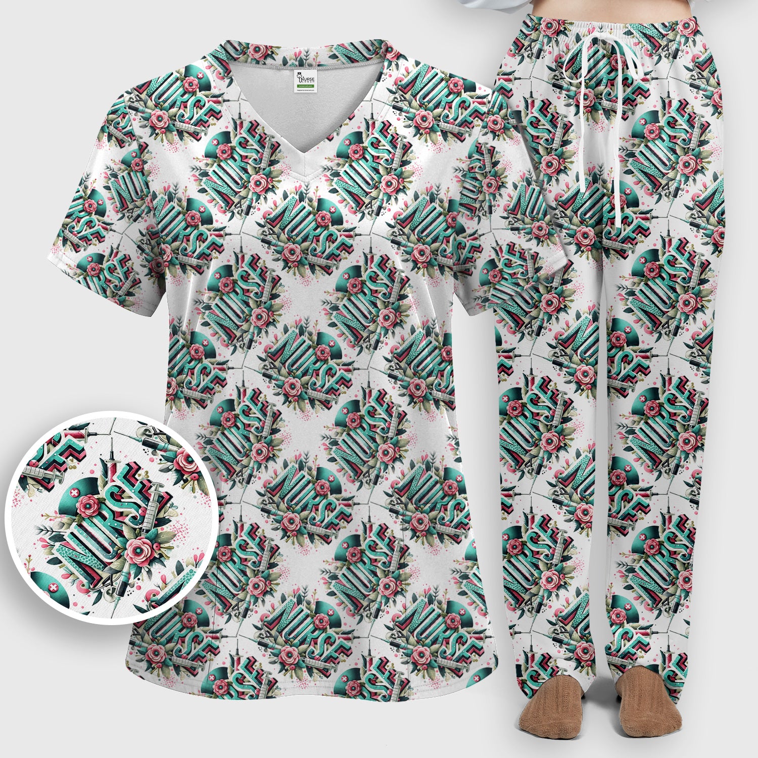 Cute Nurse Typography Floral Medical Pattern Scrub Set, Scrub Pants and V Neck Top