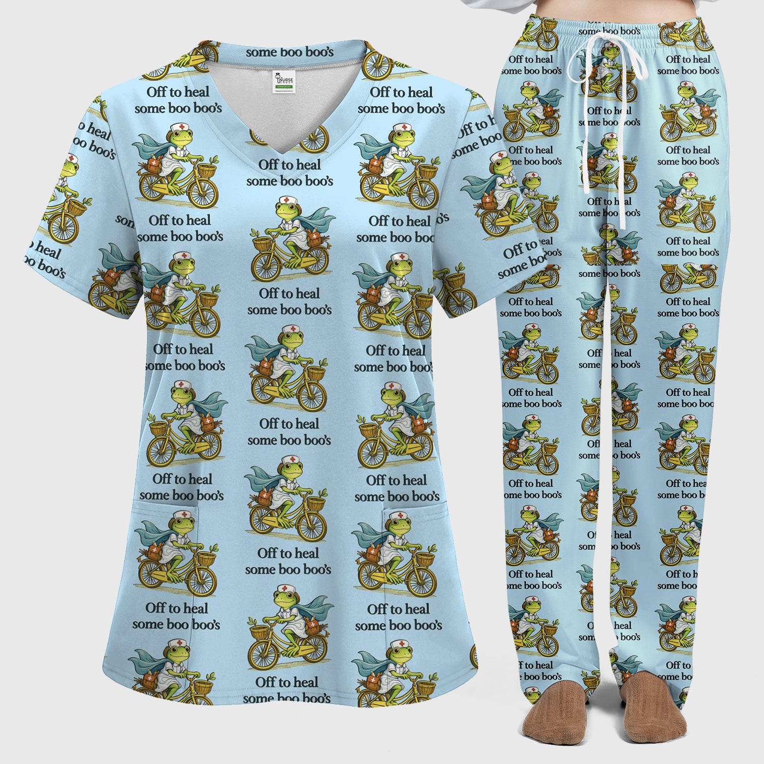 Funny Frog Nurse Cycling Pattern Scrub Set, Scrubs Pants and V Neck Top