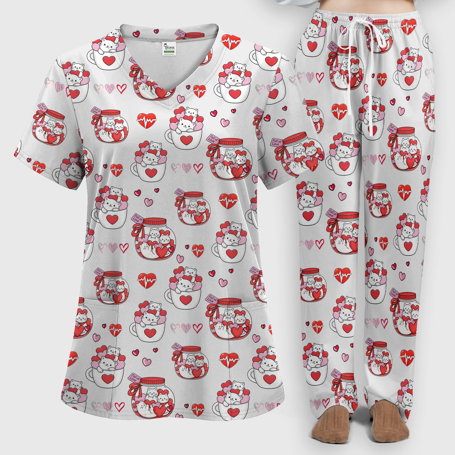 Cute Cat Valentine Nurse Scrub Set, Women's Scrub Sets Breathable Uniform