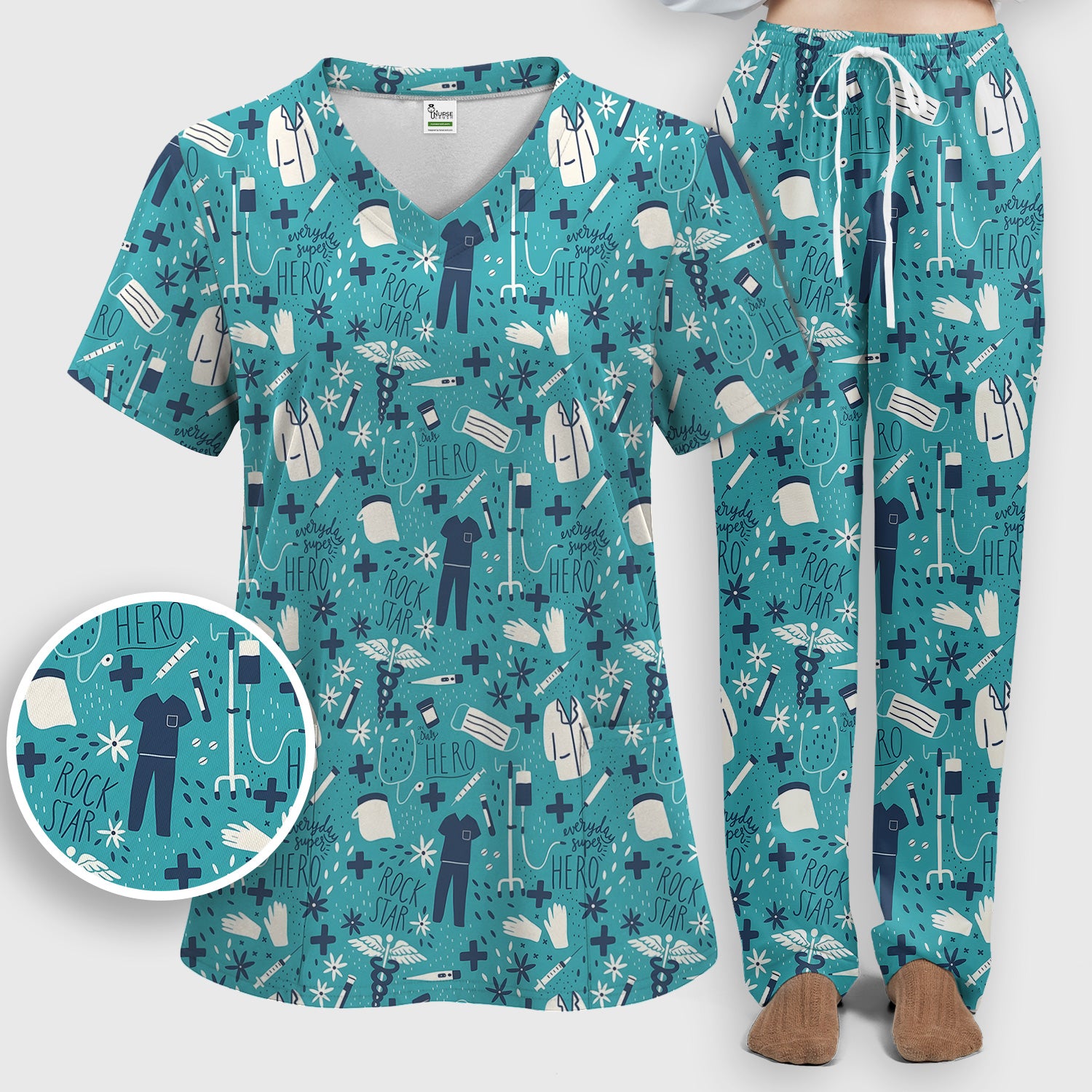 Inspirational Healthcare Hero Medical Tools Nurse Pattern Scrub Set, Scrub Pants and V Neck Top