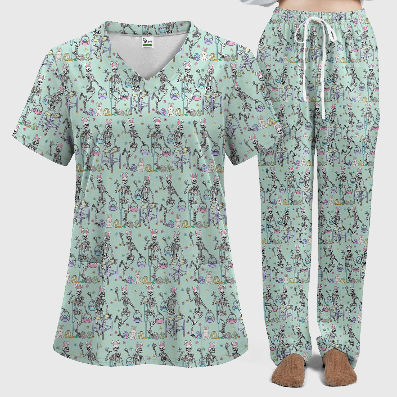 Fun Skeleton Bunny Easter Print Scrub Set, Scrub Pants and V Neck Top